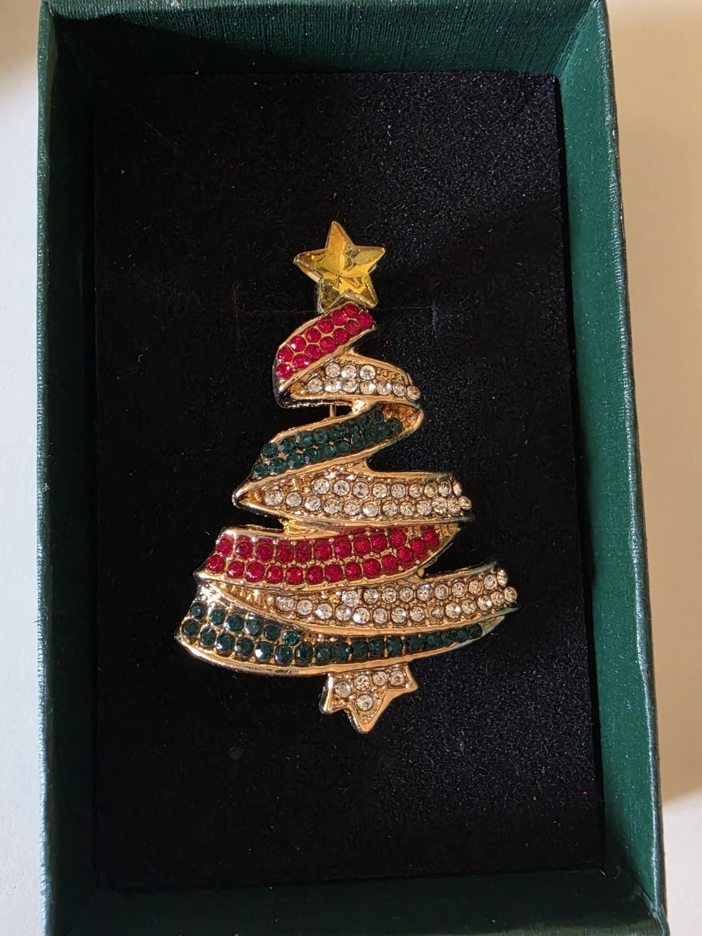 Festive Crystal Christmas Tree Brooch in Red, Green & Gold
